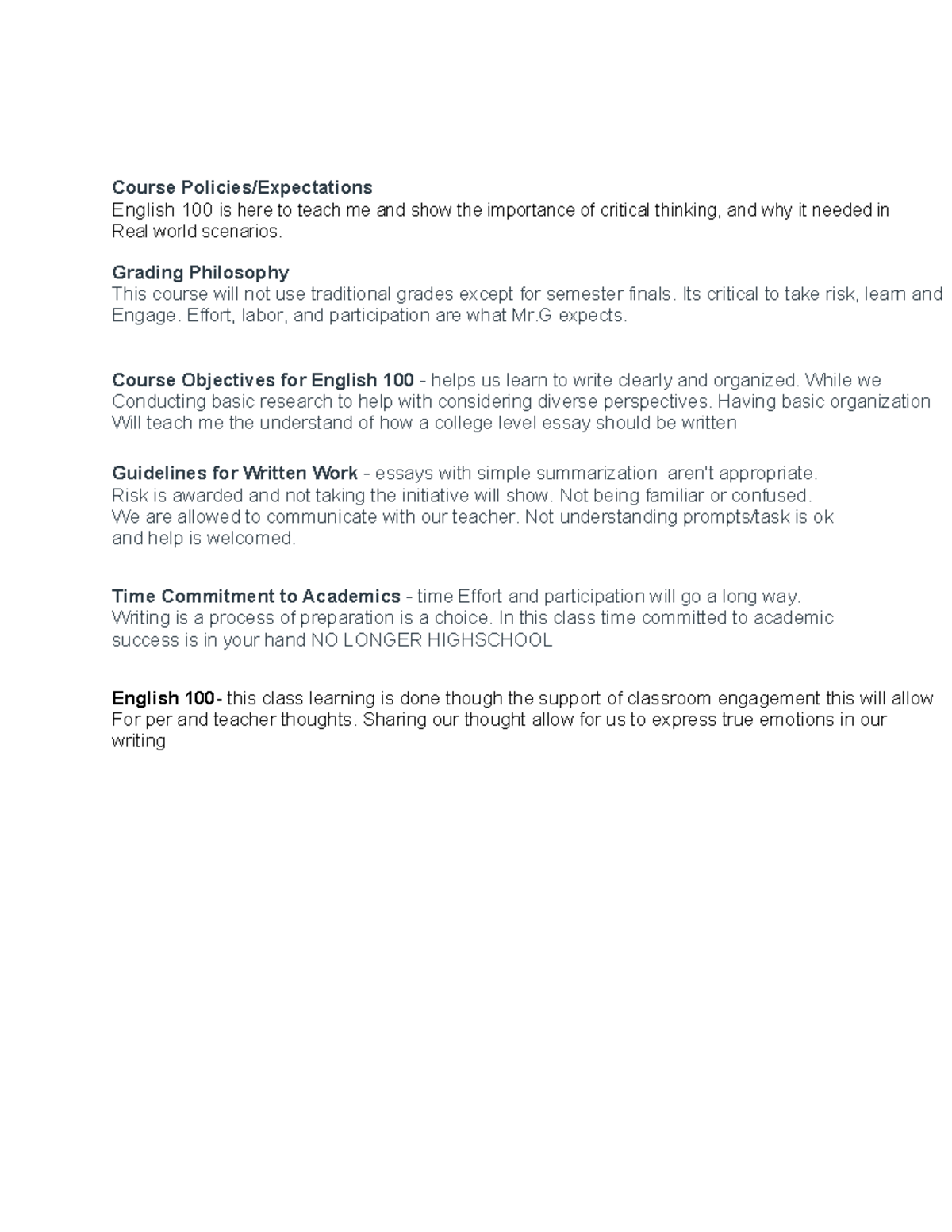 1.8 Syllabus Reflection (Due 1 26) - Course Policies/Expectations ...