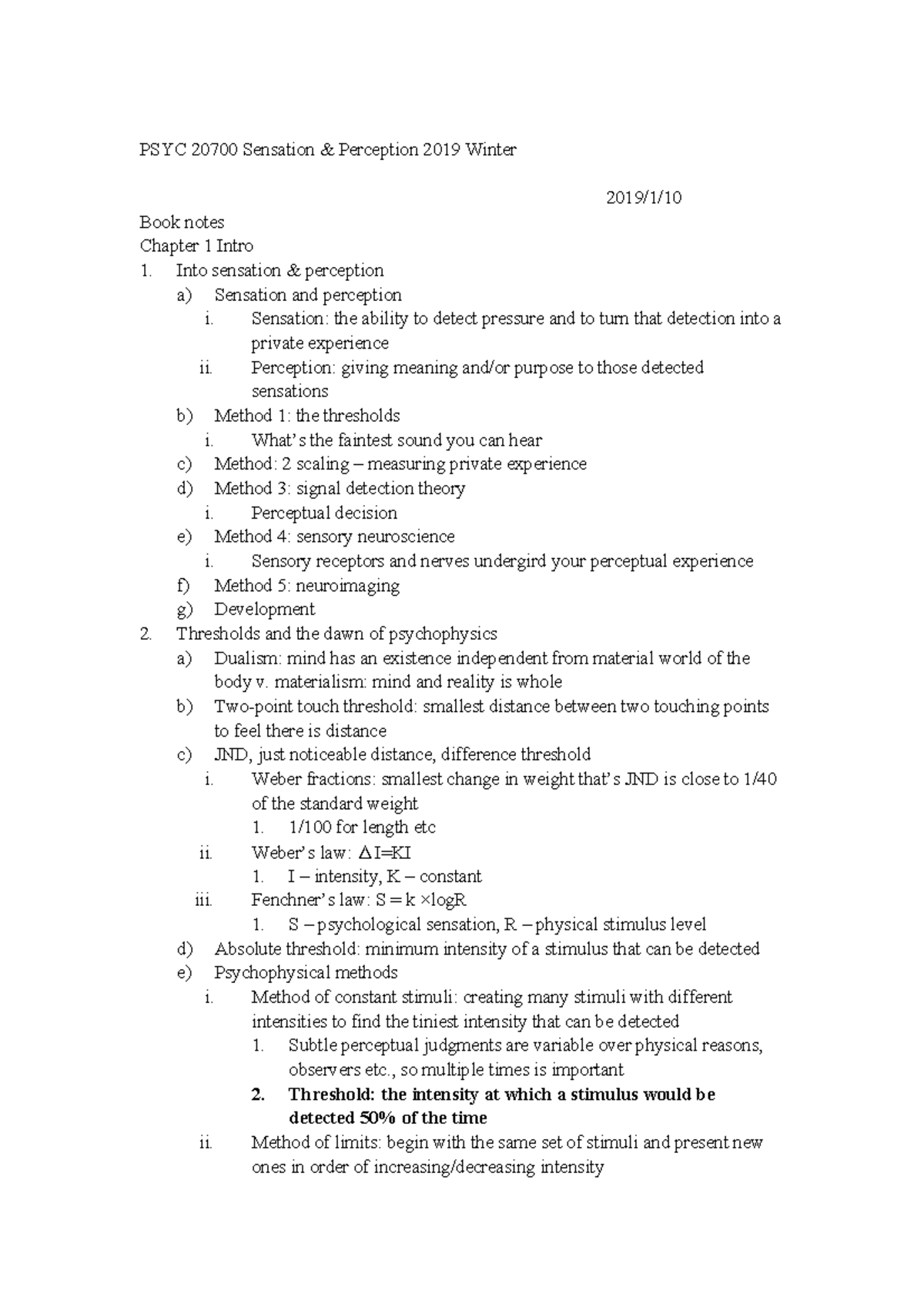 SP week 1 - Lecture notes 1 - PSYC 20700 Sensation & Perception 2019 ...