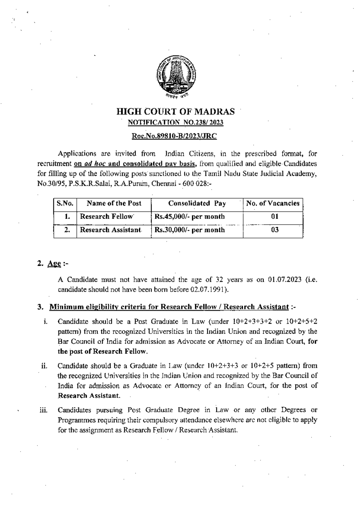 Madras High Court Notification HIGH COURT OF MADRAS NOTIFICATION NO/ 2023 Roc.NoB/2023/JRC