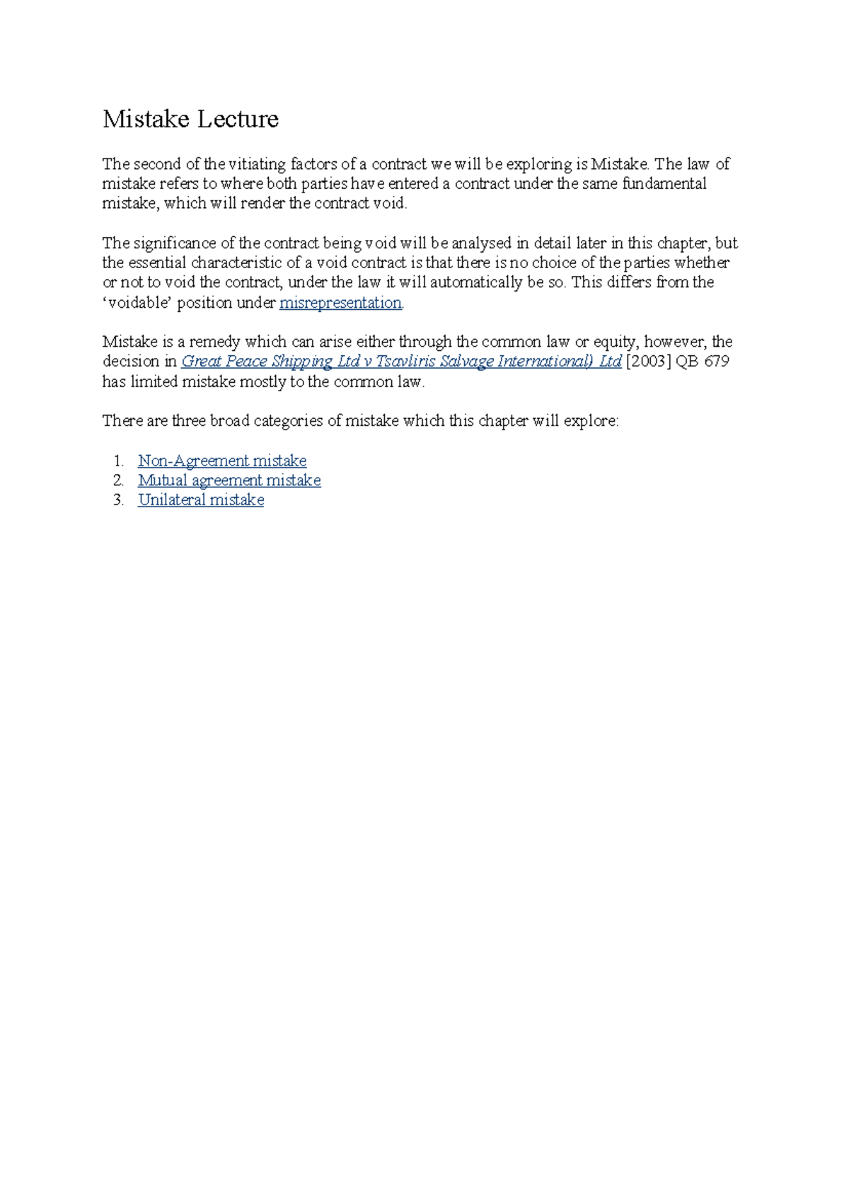 Mistake - EXTRA NOTES - Mistake Lecture The second of the vitiating ...