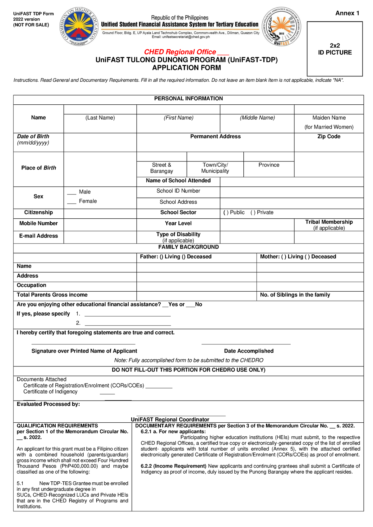 Annex1TDP Application FORM UniFAST TDP Form Annex 1 2022 version