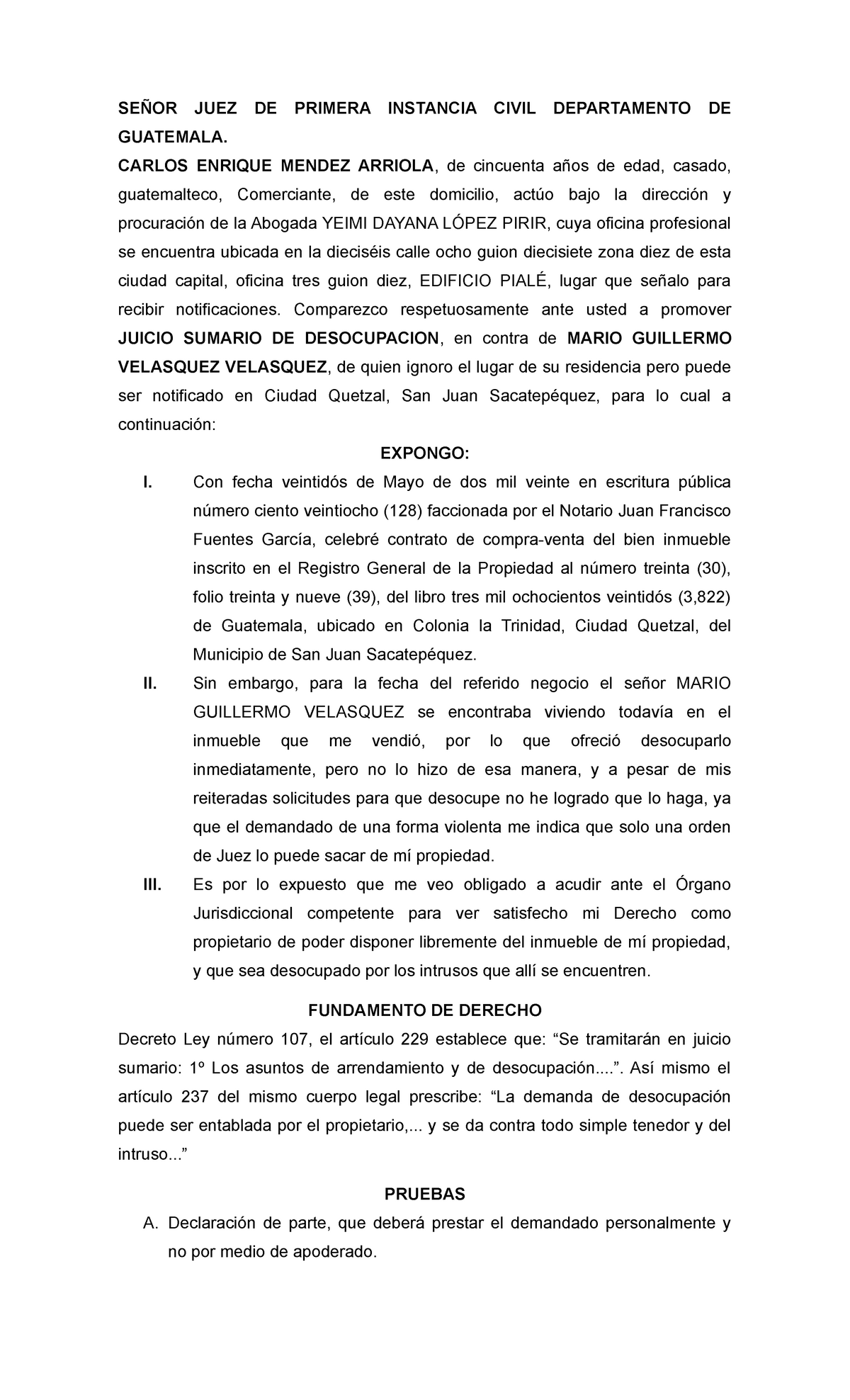 Demanda Juicio Sumario - SEÑOR JUEZ DE PRIMERA INSTANCIA CIVIL ...