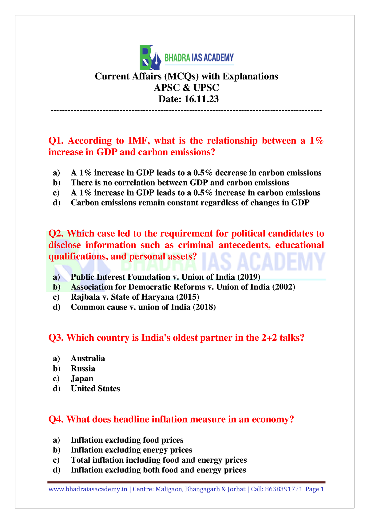 Current Affairs (MCQs) With Explanations 16th November 2023 - Current ...