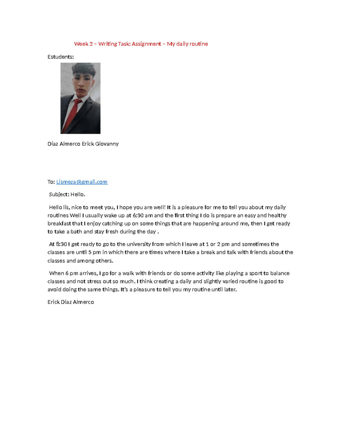 Ingles semana 2 , rutina - Week 2 – Writing Task: Assignment – My daily ...