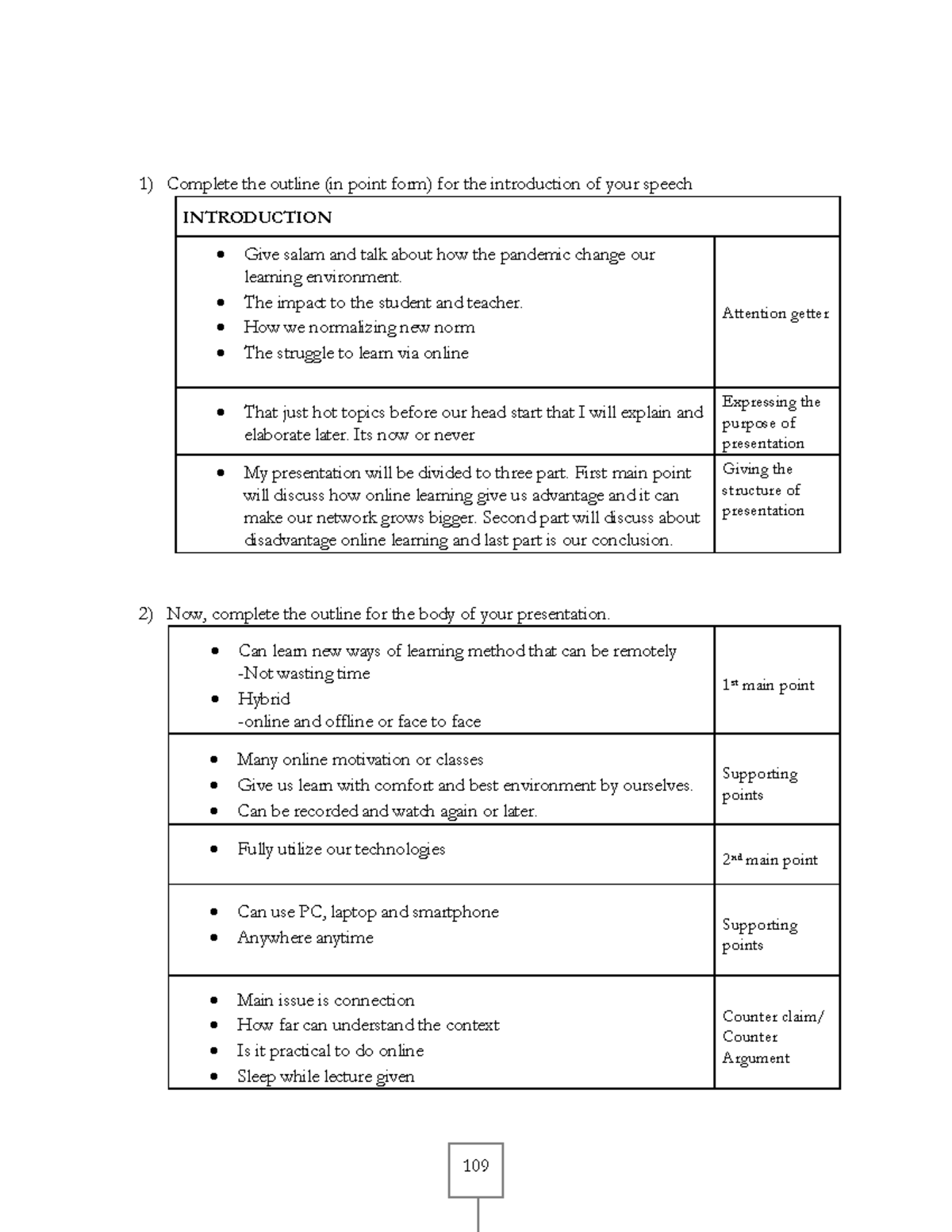 Points draft - 109 Complete the outline (in point form) for the ...