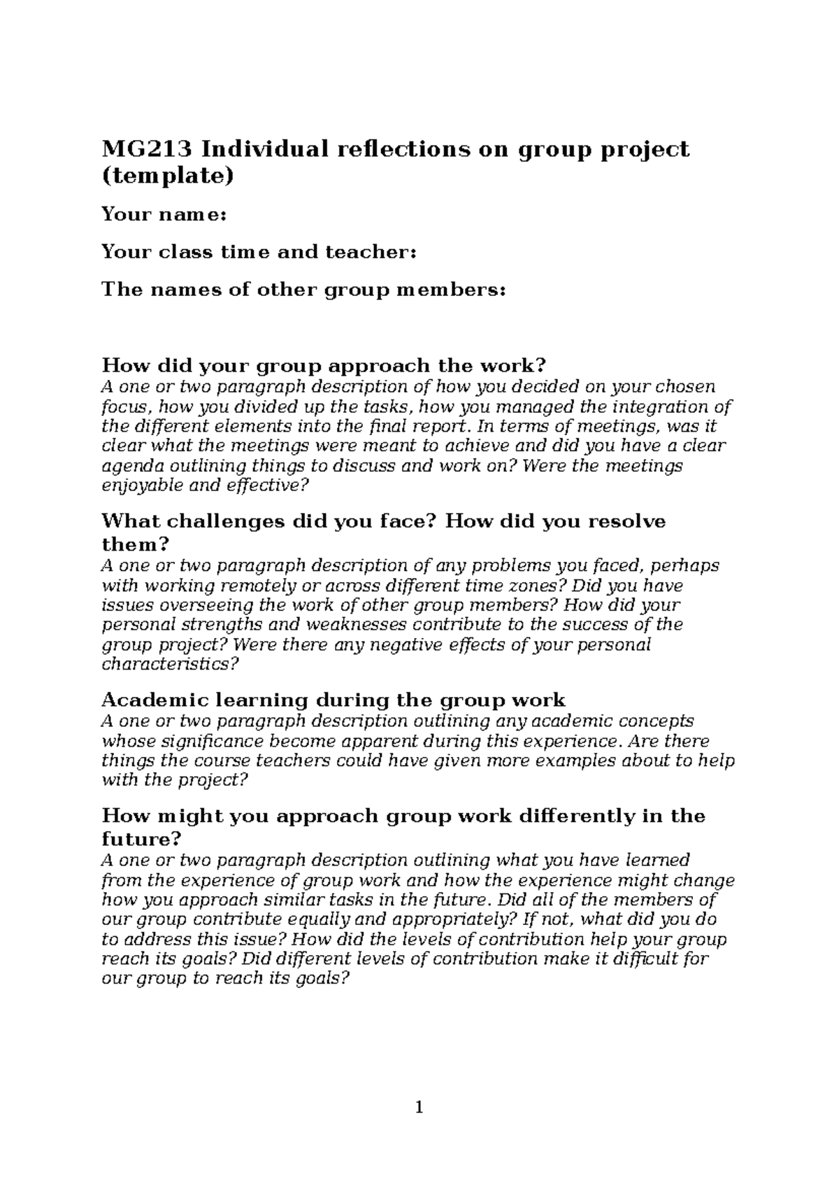 MG213 Individual reflections on group project - MG213 Individual ...