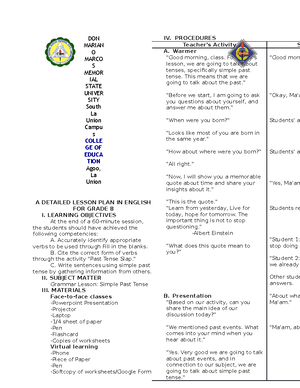 Detailed Lesson PLAN FOR Grade 8 English Grammar - Simple PAST Tense ...