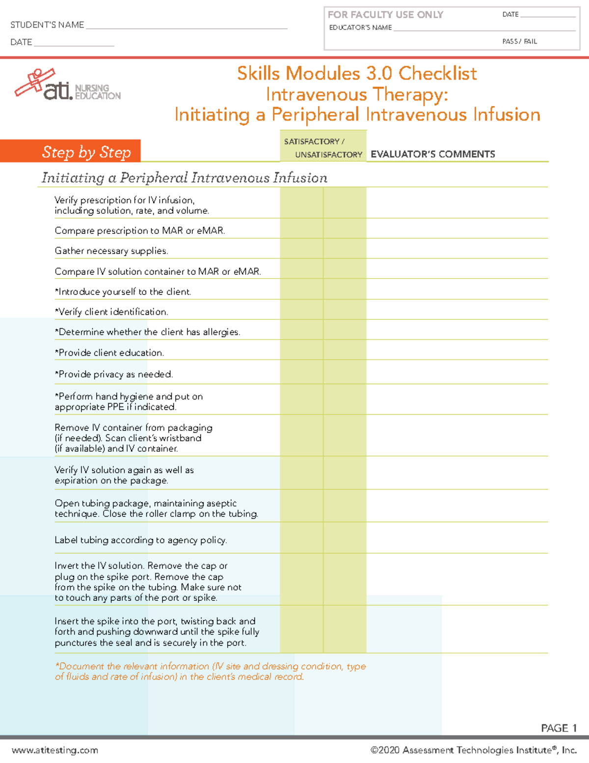 Skills Checklist IVtherapy Initiating - NUR 410 - LIU - Studocu