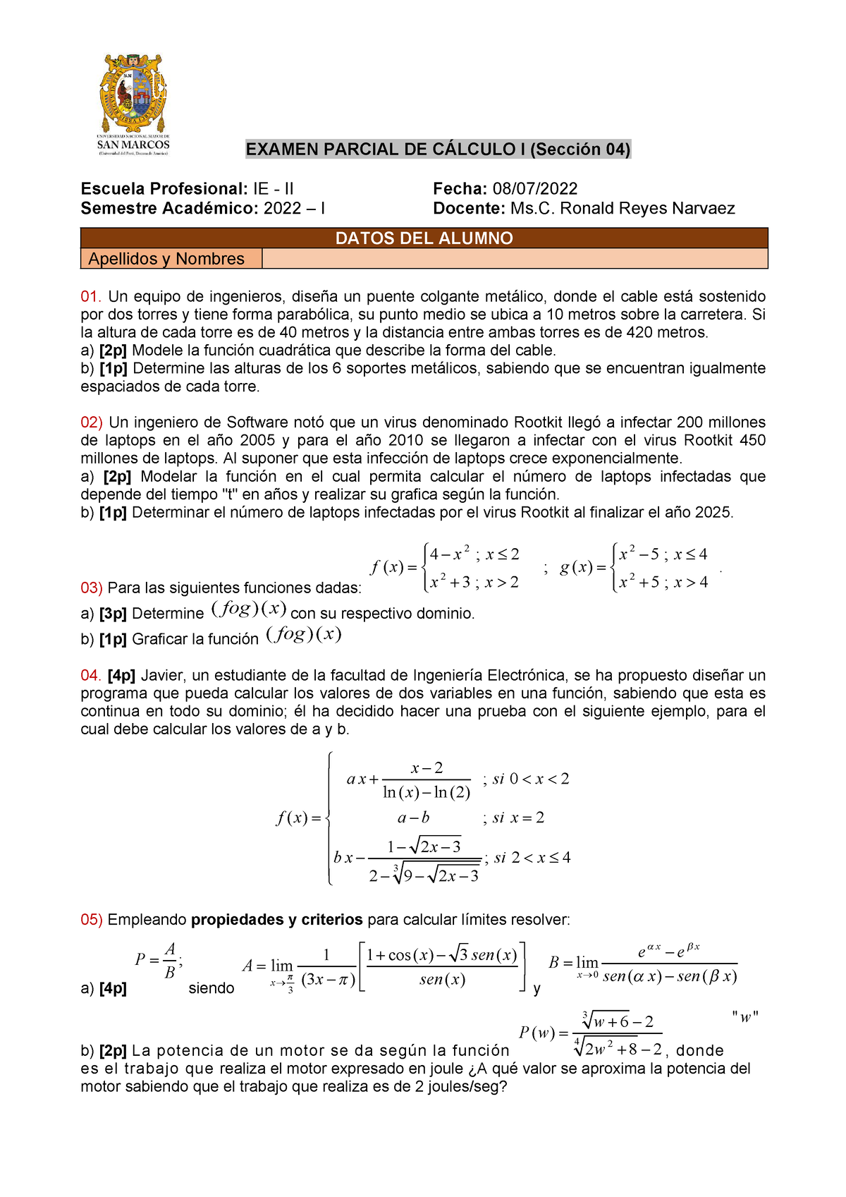 Examen Parcial - Calculo 1 - EXAMEN PARCIAL DE CÁLCULO I (Sección 0 4 ...