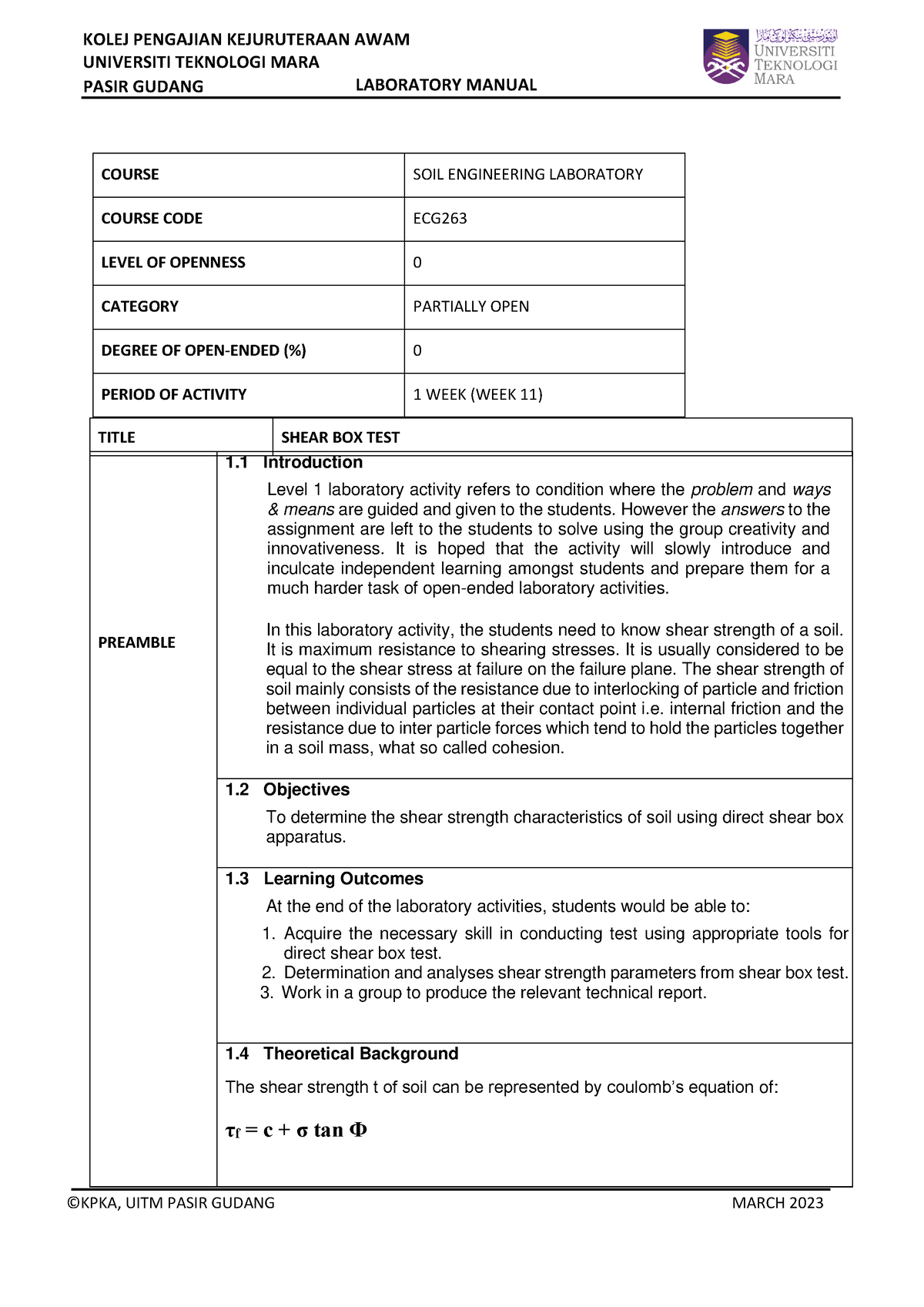 WK 11 LAB 10 - Shear BOX TEST (Level 1) - UNIVERSITI TEKNOLOGI MARA ...