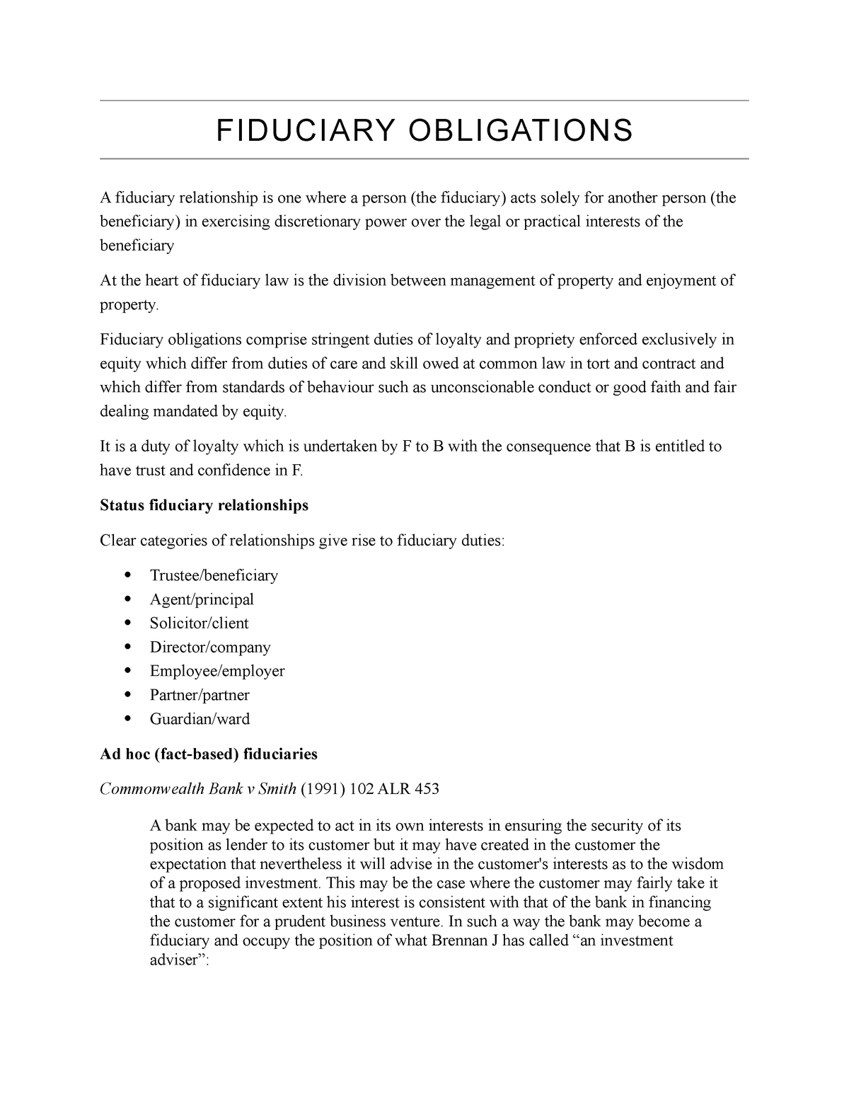 Fiduciary obligations notes - FIDUCIARY OBLIGATIONS A fiduciary