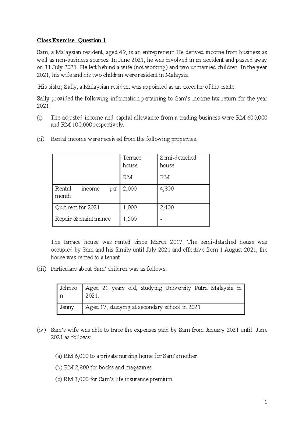 Estate Exercise ANS - Class Exercise- Question 1 Sam, a Malaysian ...