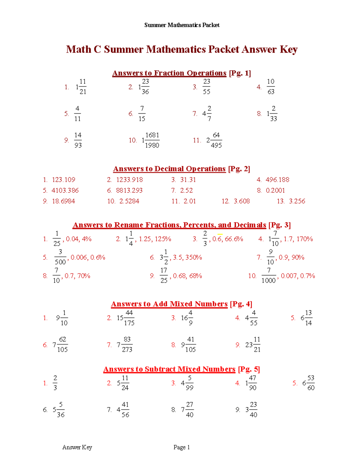 Math 8 answer key - Math C Summer Mathematics Packet Answer Key Answers ...