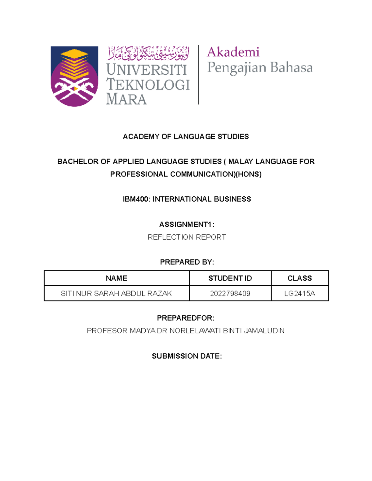 Reflection Report Individual Assignment IBM400 (1) - ACADEMY OF ...