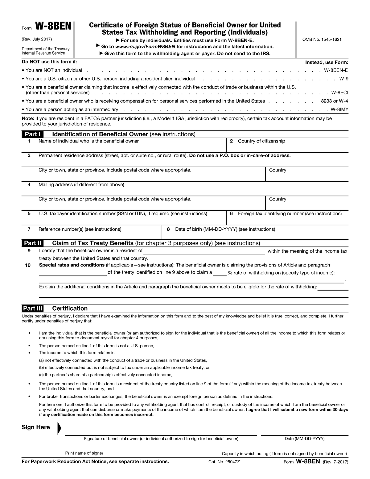 8-ben Form - Form W-8BEN (Rev. July 2017) Department of the Treasury ...