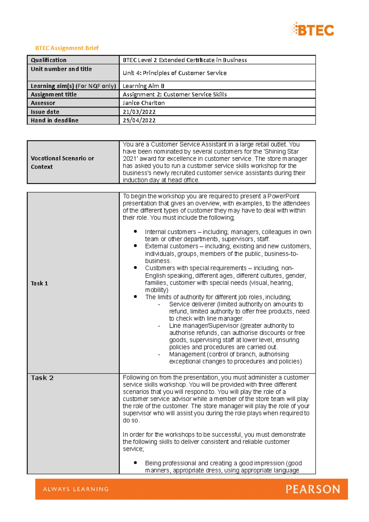 Unit-4-(Customer-Service)-Assignment-2 copy copy - BTEC Assignment ...