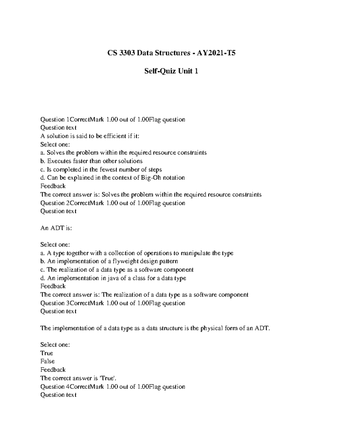 CS 3303 Data Structures - AY2021-T5 - Self-Quiz Unit 1 - CS 3303 Data ...