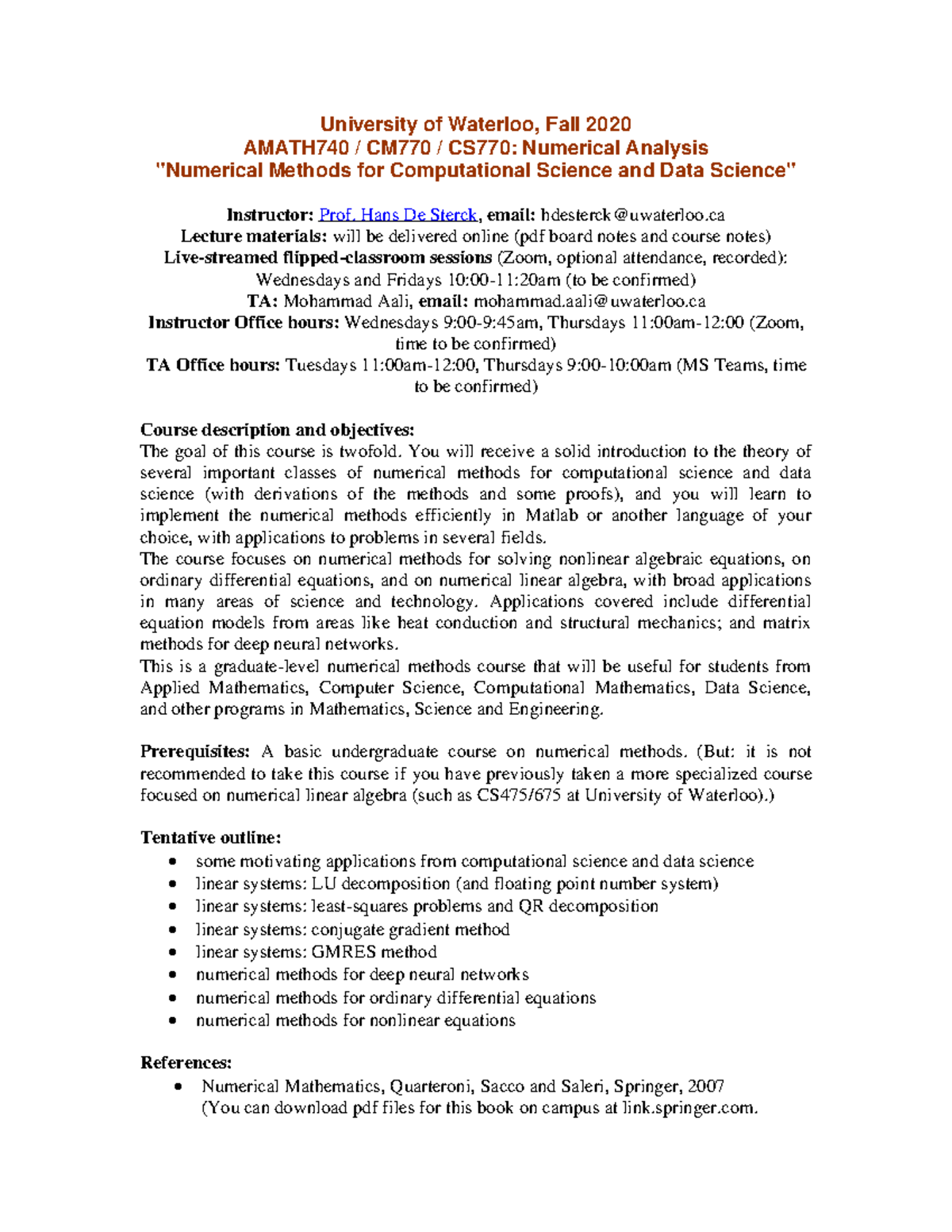 Syllabuscm 770f20 - Course notes - University of Waterloo, Fall 2020 ...