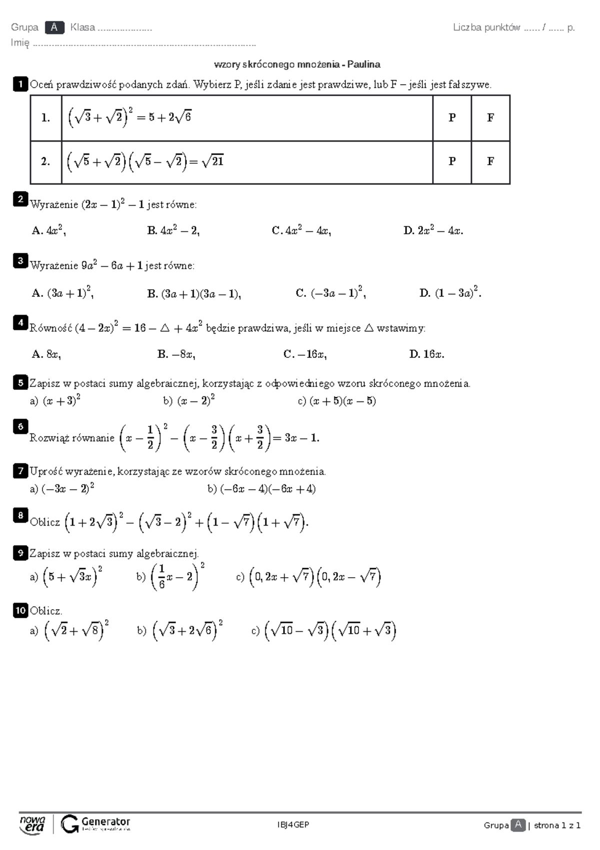 Wzory Skróconego Mnożenia Zadania 1 Liceum www.studocu.com