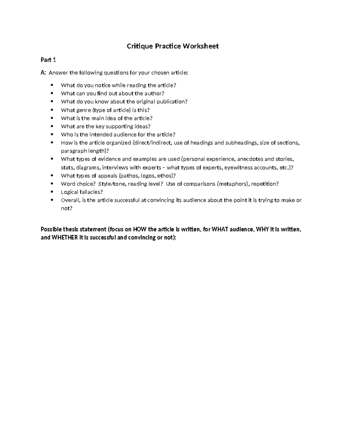 Critique Preparation Worksheet Winter 2021 - Critique Practice ...