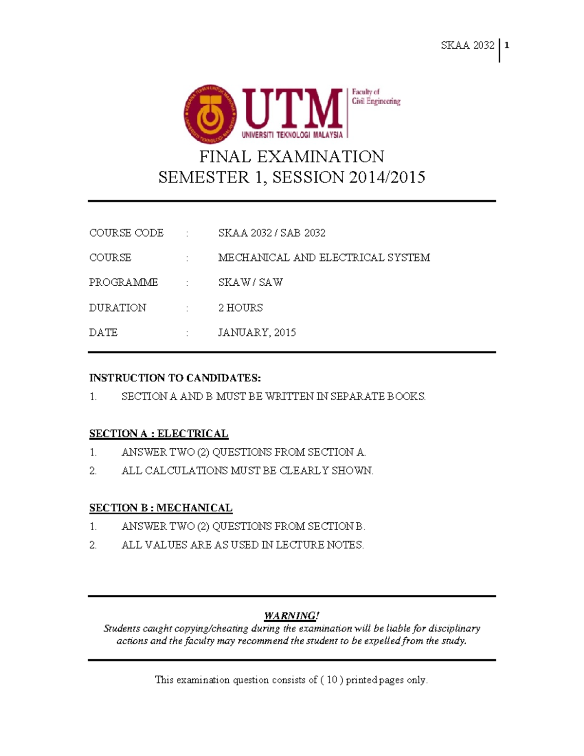 Exam January 2015, questions - SKAA 2032 1 FINAL EXAMINATION SEMESTER 1 ...