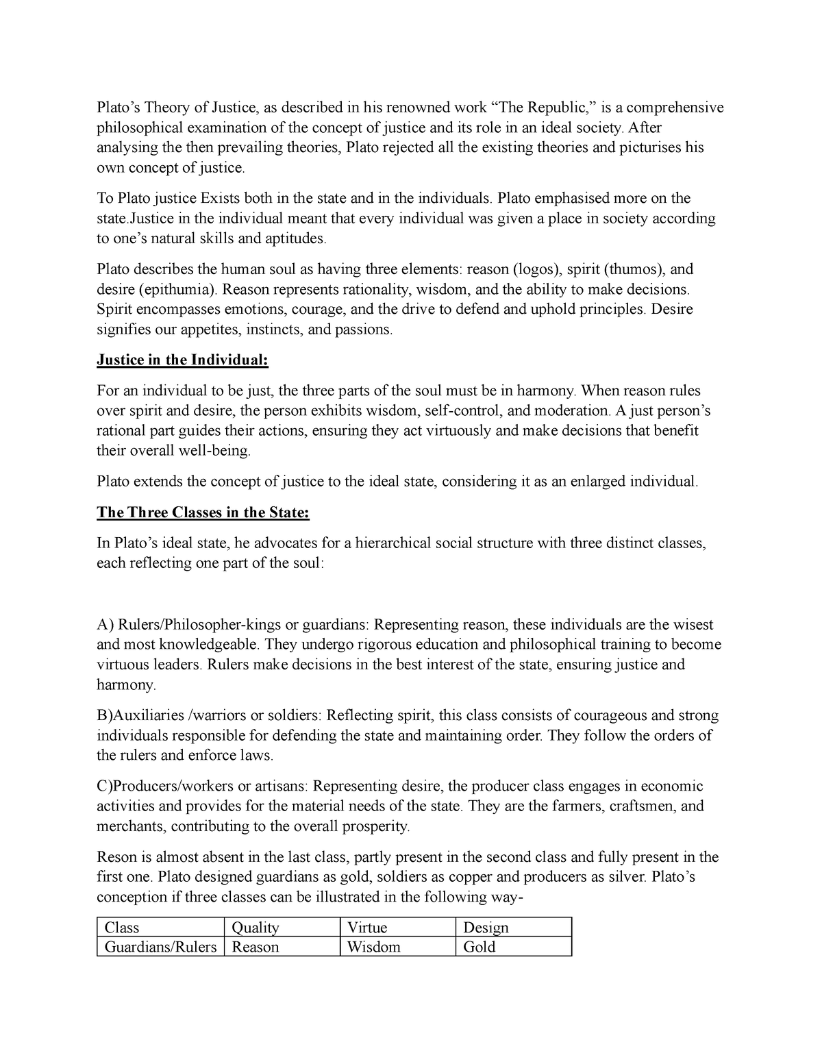 Document-Plato' theory of justice. - Plato’s Theory of Justice, as ...