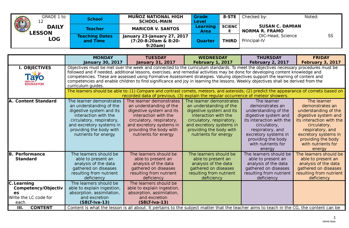 DLL January 30-Feb 3,2017 - : GRADE 1 To 12 DAILY LESSON LOG School ...