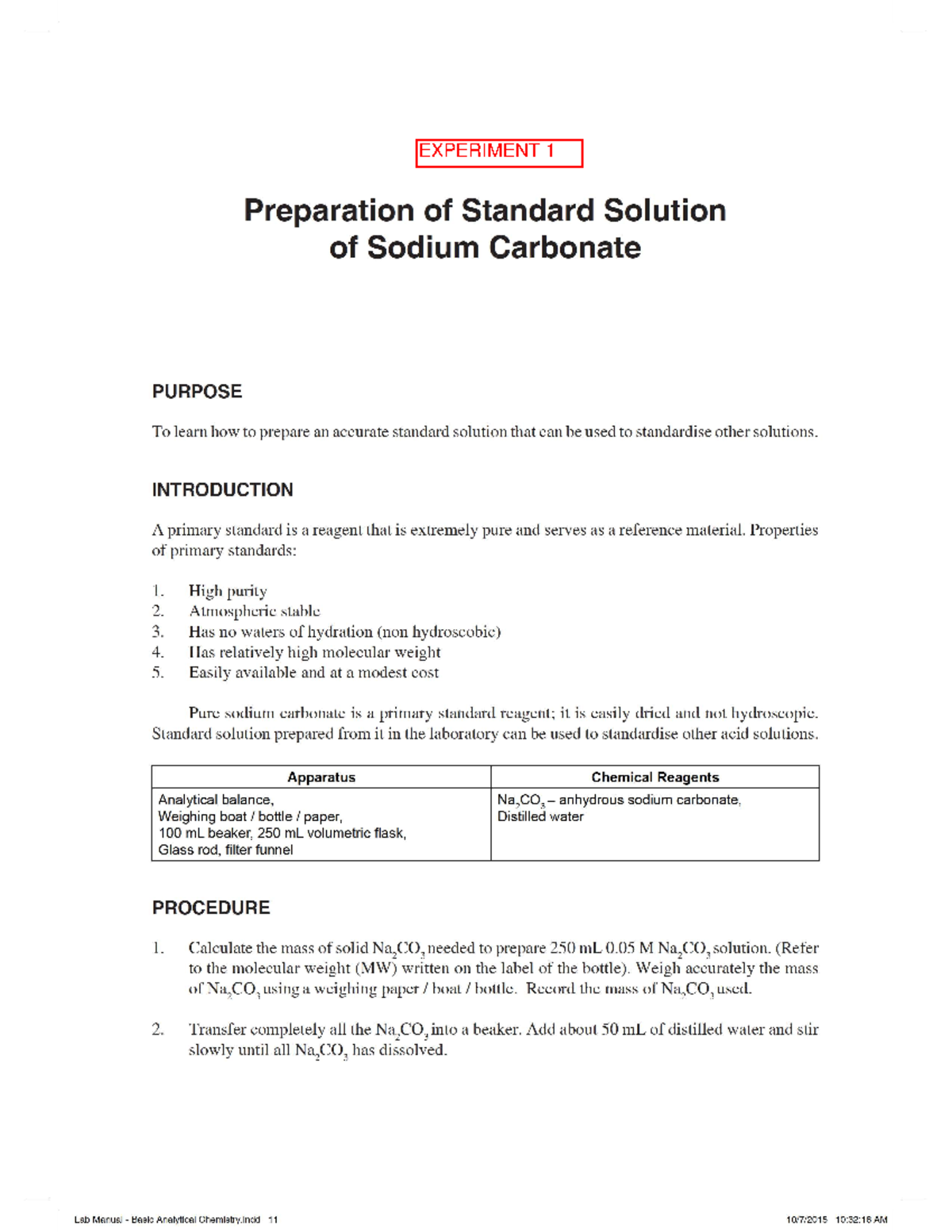 Exp 1 preparation of standard solution of sodium carbonate chemical
