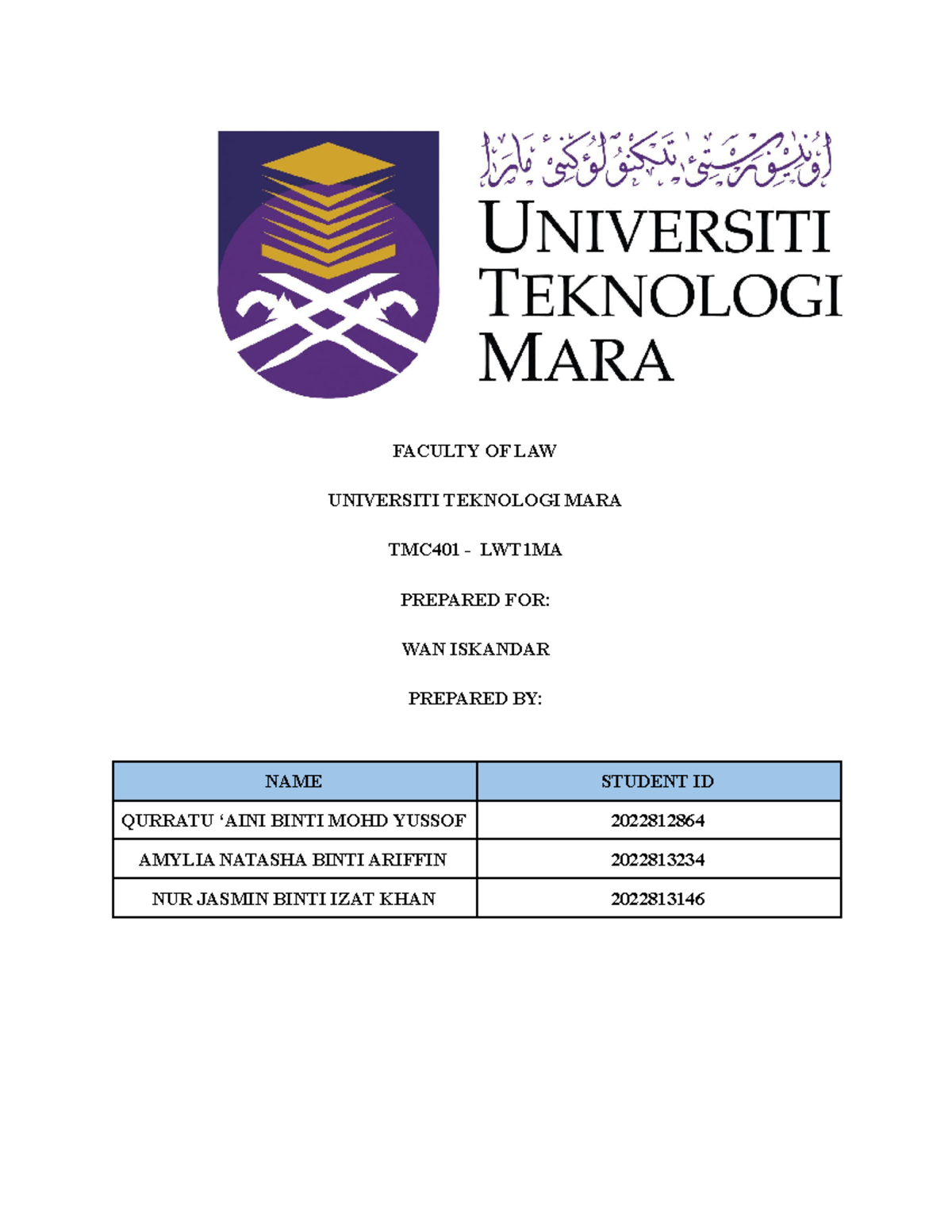 Mandarin Script FACULTY OF LAW UNIVERSITI TEKNOLOGI MARA TMC401