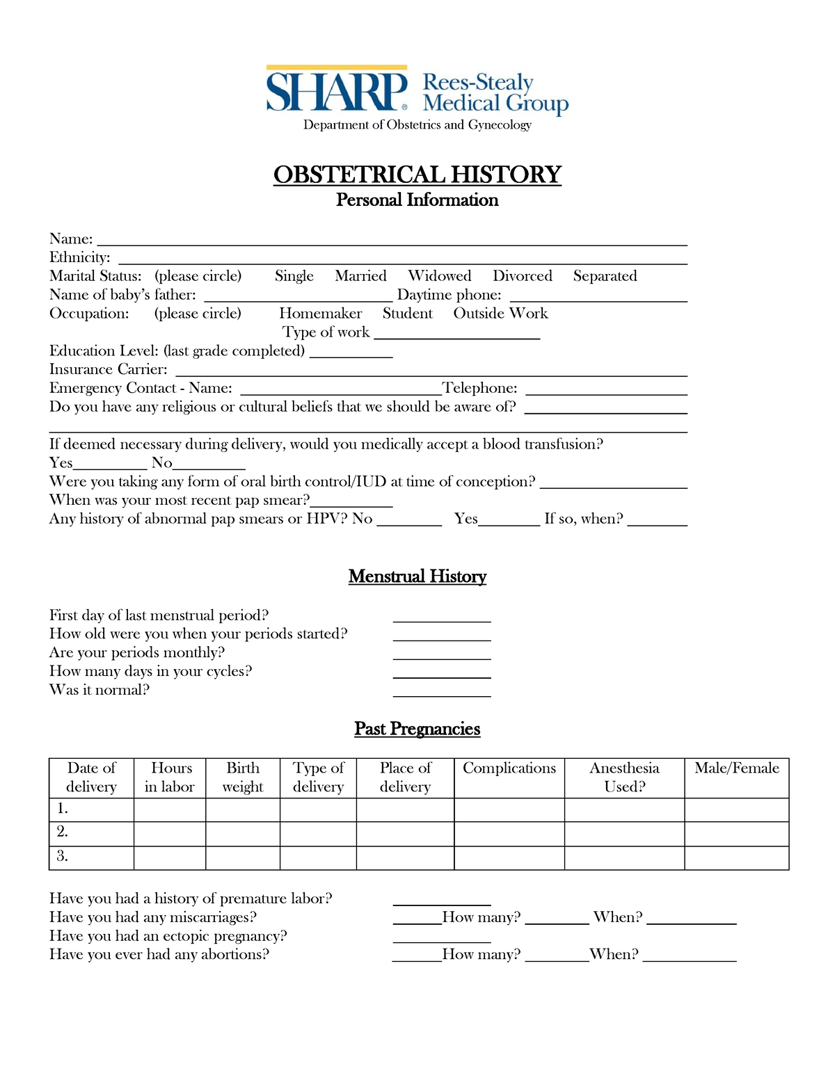 OB HX form Obstetric History Form sample format Department of