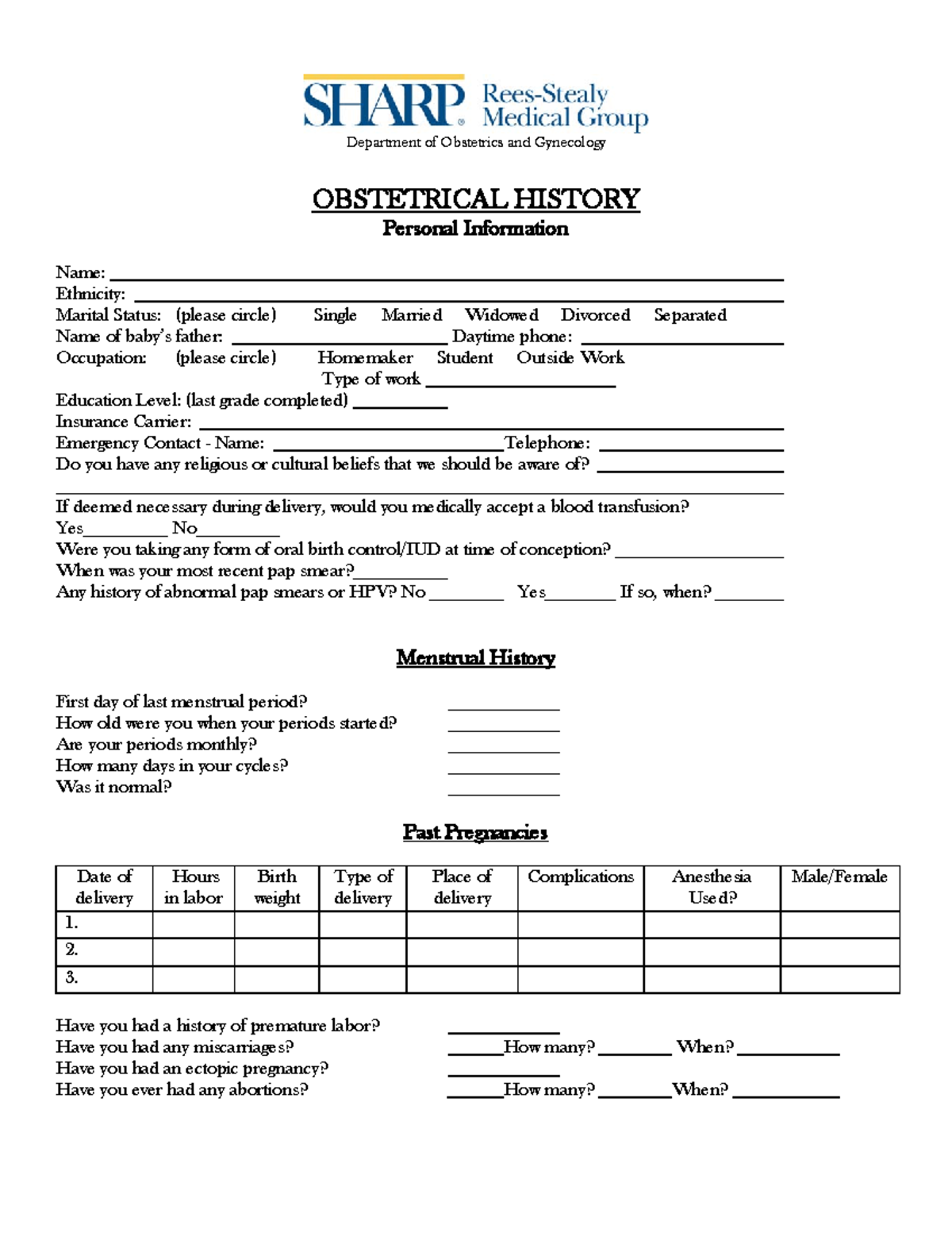 OB HX Form Obstetric History Form Sample Format Department Of 