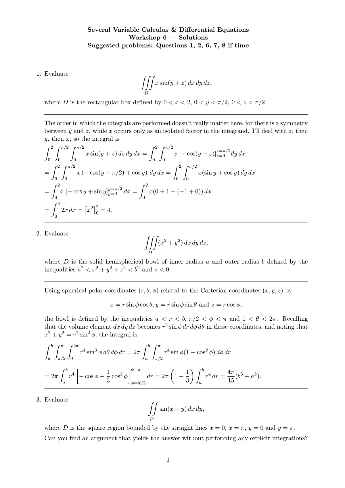 Workshop solutions 5 - Several Variable Calculus & Differential ...