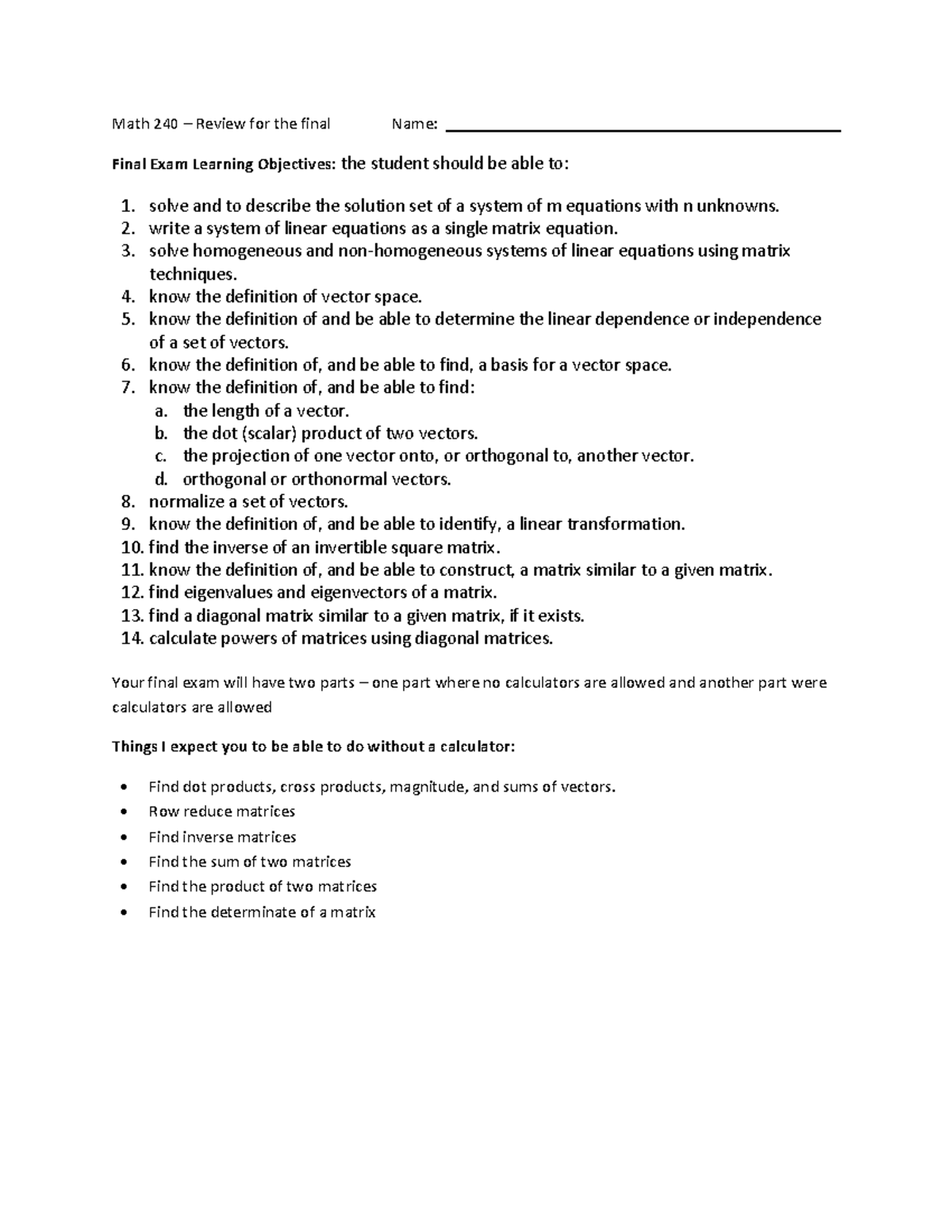 016107767 - College Algebra - Math 240 – Review for the final Name ...