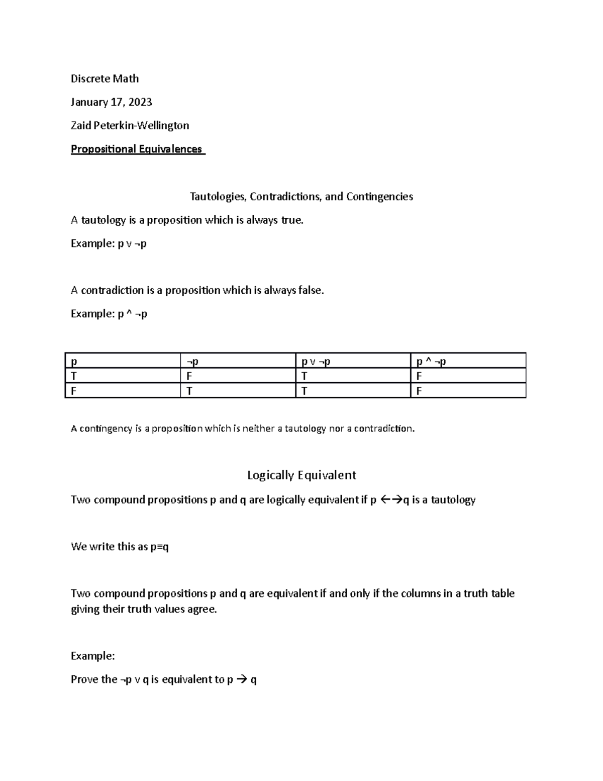 2.1.3-Propositional Equivalences - Discrete Math January 17, 2023 Zaid ...