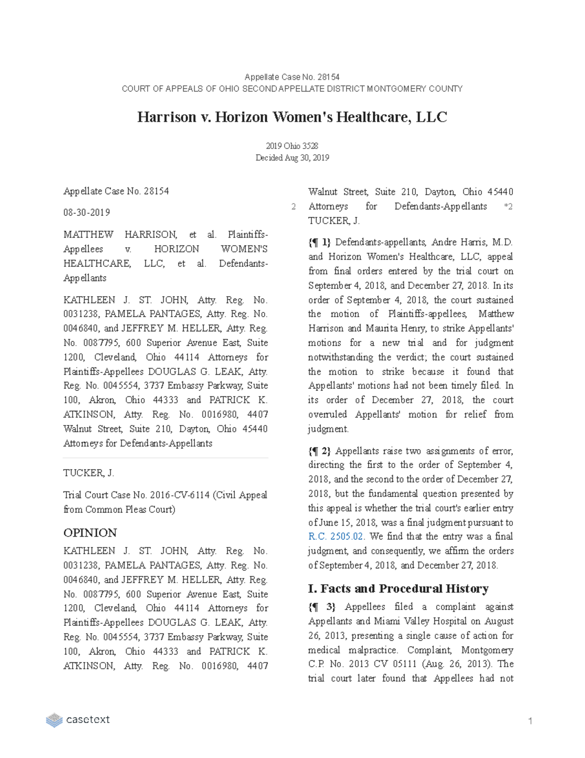 Harrison v. Horizon Women's Healthcare, LLC Appellate Case No. 28154