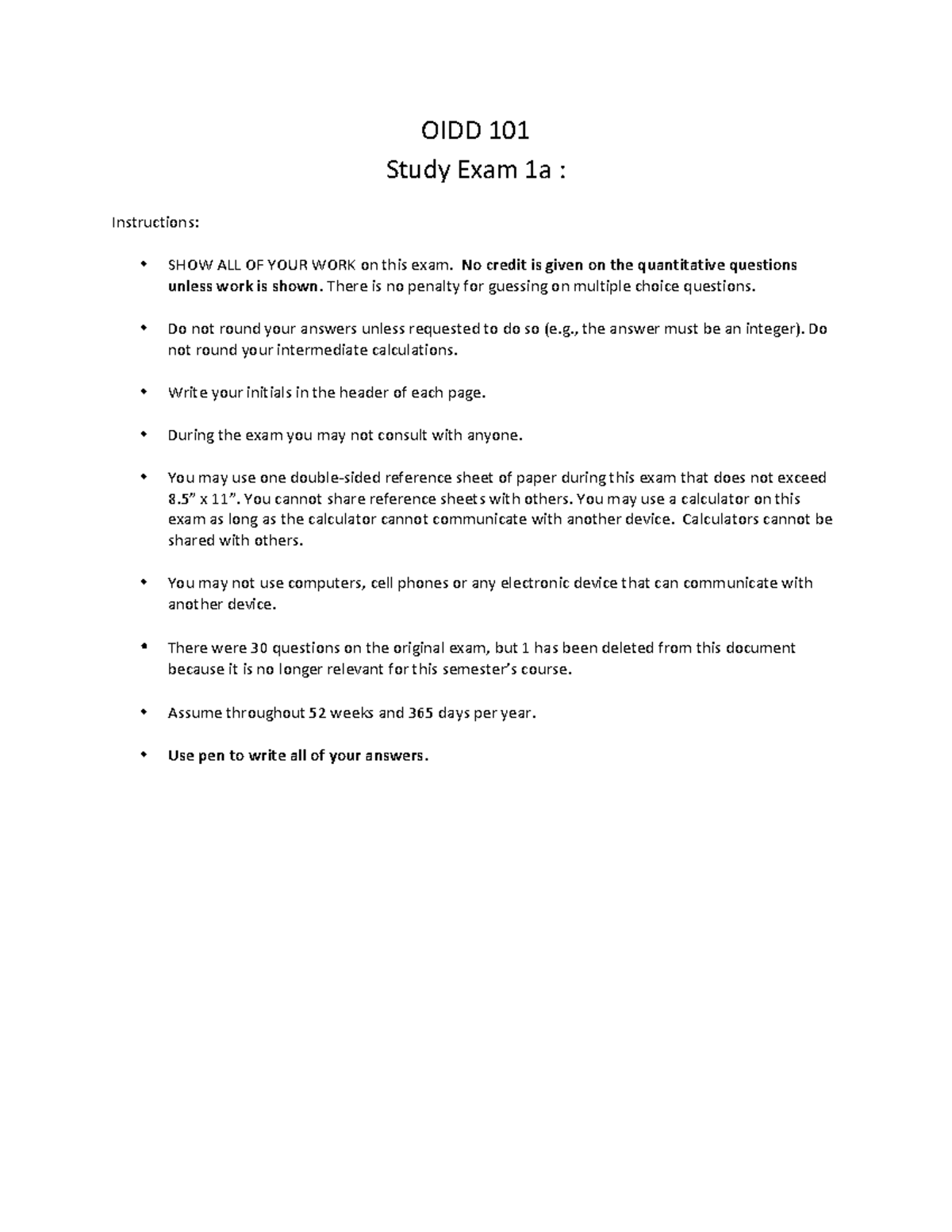 OIDD101 - Study Exam 1a - OIDD 101 - 2019 - Introduction to Operations ...