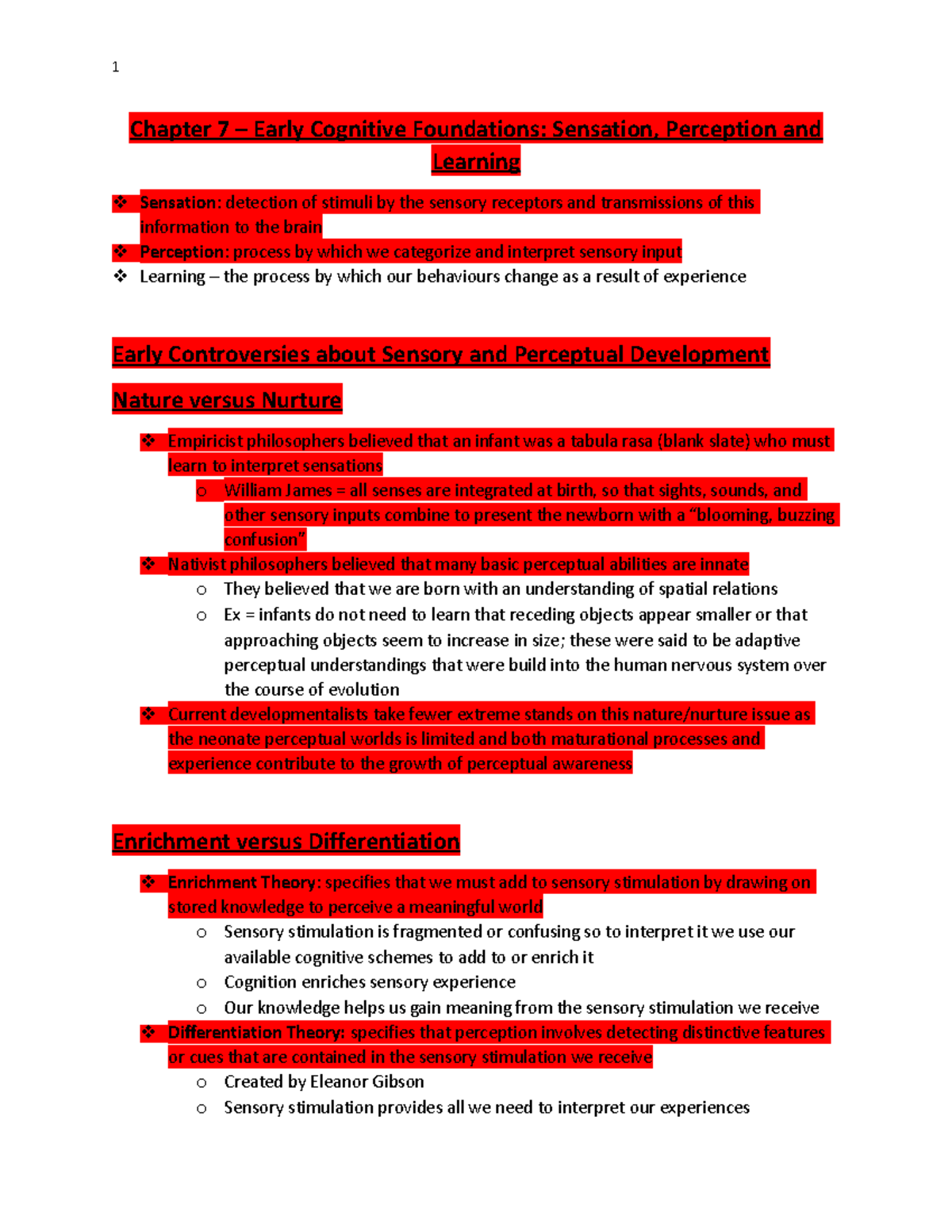 Chapter 7 Early Cognitive Foundations Sensation J Perception And