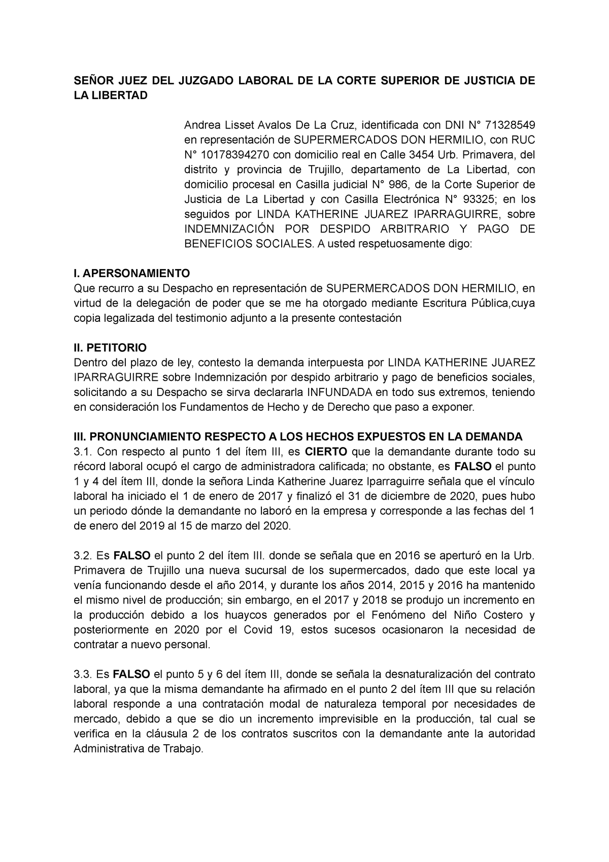 Contestación DE Demanda - SEÑOR JUEZ DEL JUZGADO LABORAL DE LA CORTE ...