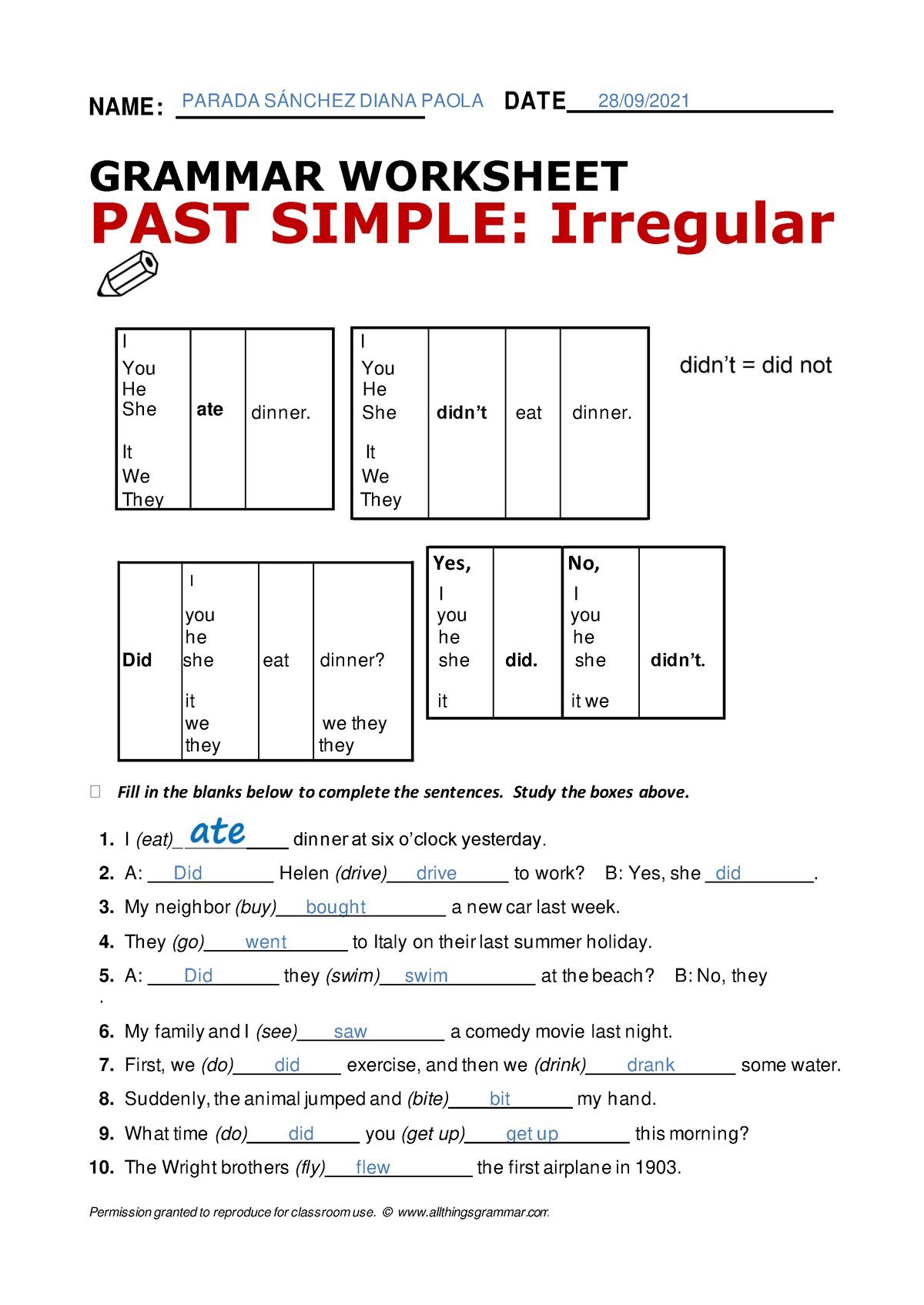 Simple past - Trabajo de ingles - Permission granted to reproduce for ...