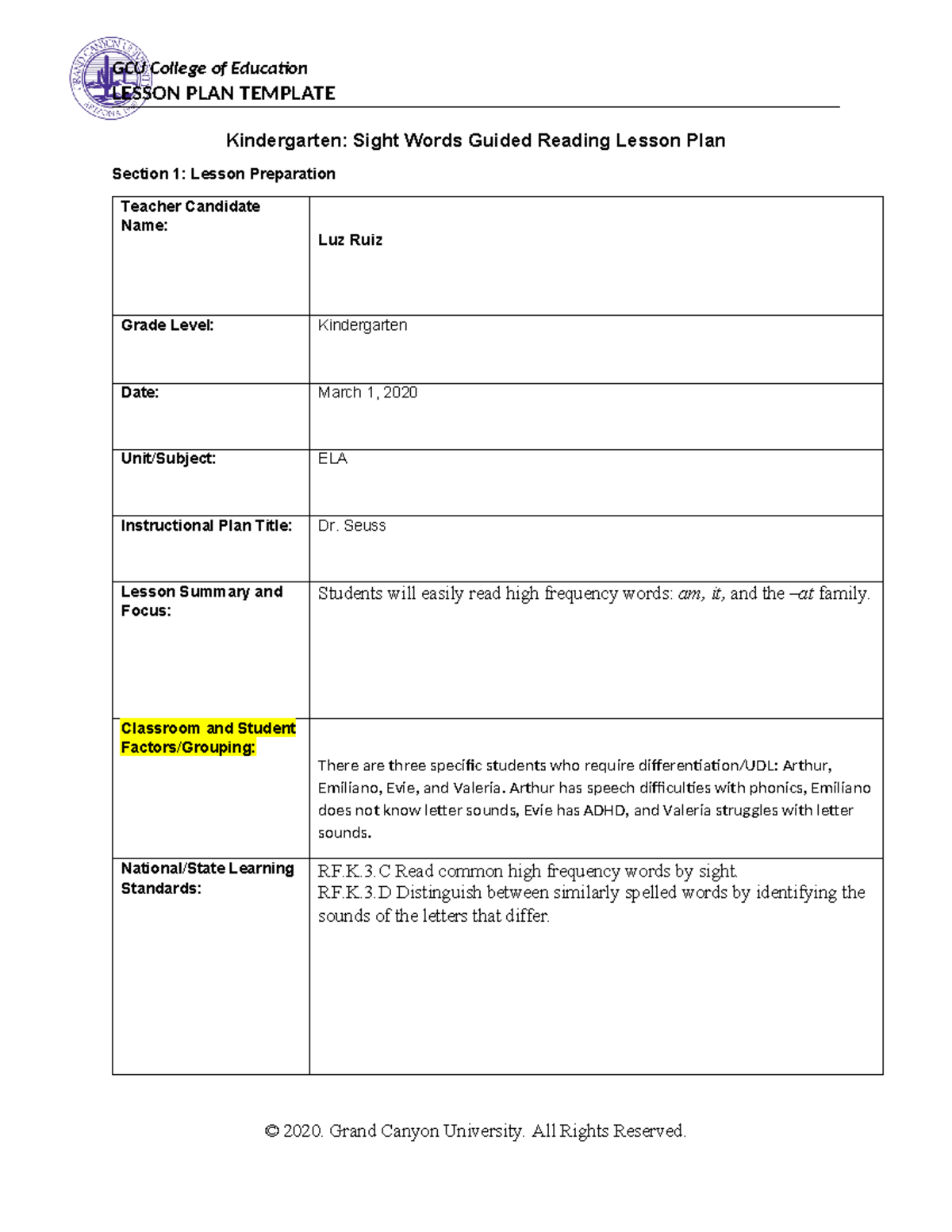 Differentiated Instruction - LESSON PLAN TEMPLATE Kindergarten: Sight ...