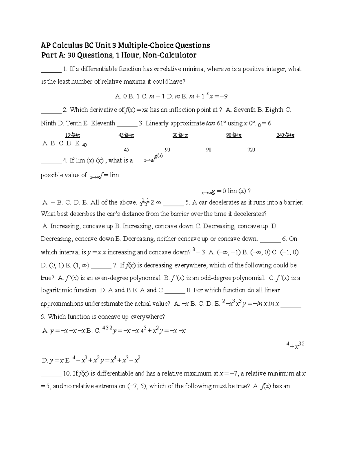 BC Calc Unit 3 MCQ Practice AP Calculus BC Unit 3 MultipleChoice