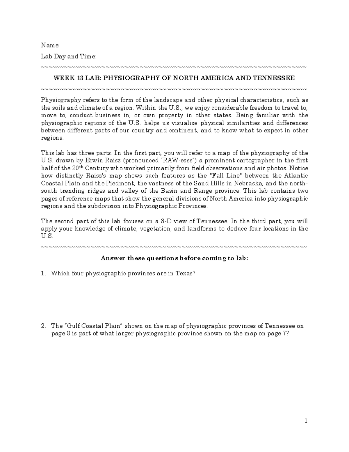 GEOG 132 Week 13 Lab - Physiography - Name: Lab Day and Time: WEEK 1 3 ...