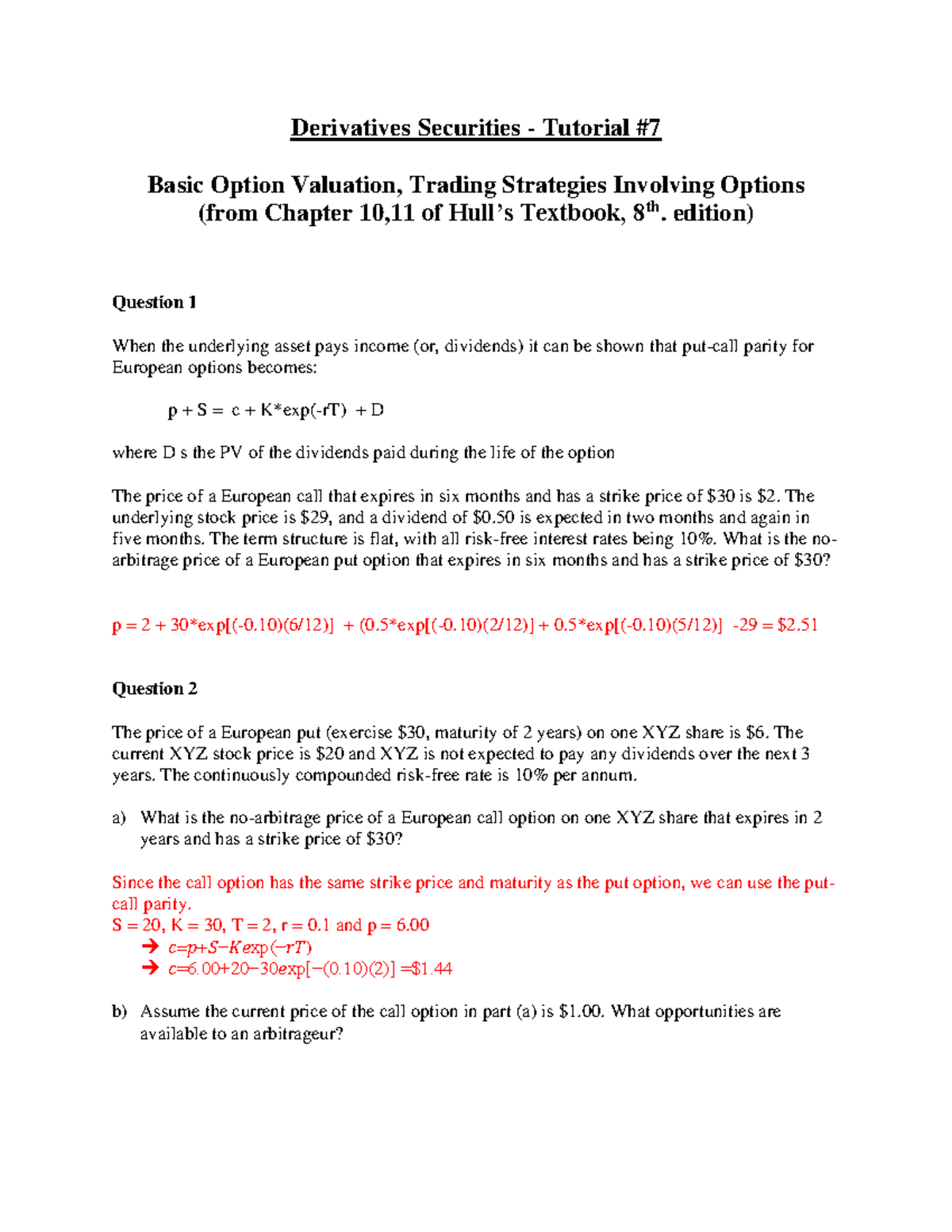 Tutorial 7 Q A - Derivatives Securities - Tutorial Basic Option ...