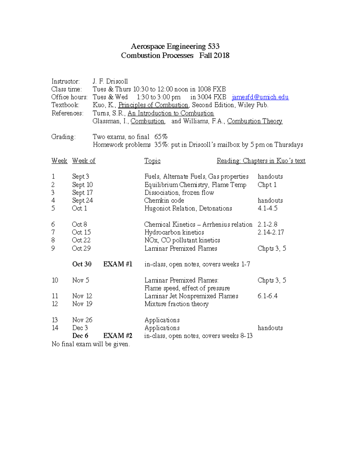 CombustionLectureNotes JFDriscollUMich 138pg Aerospace