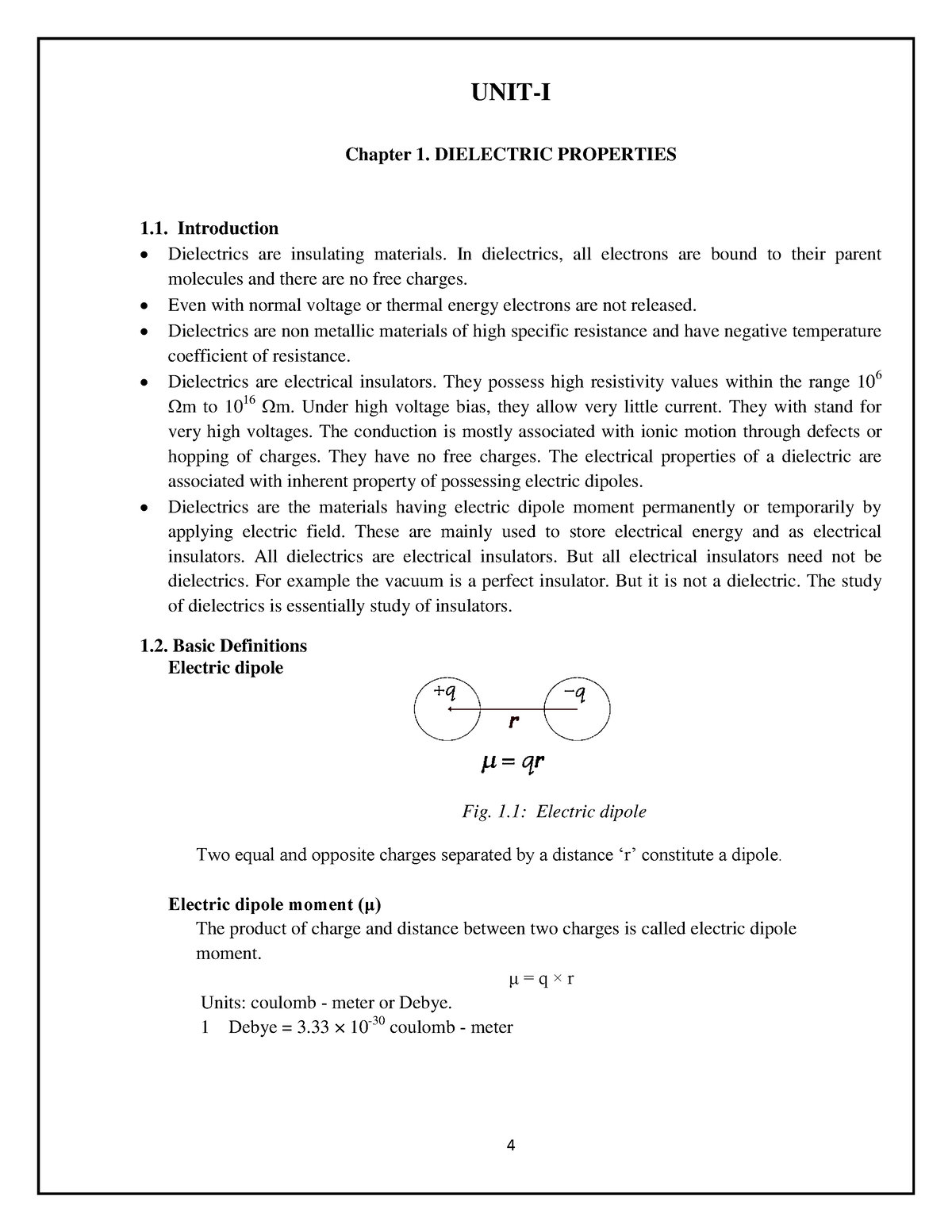 Dielectric AND Magnetic Properties - UNIT-I Chapter 1. DIELECTRIC ...