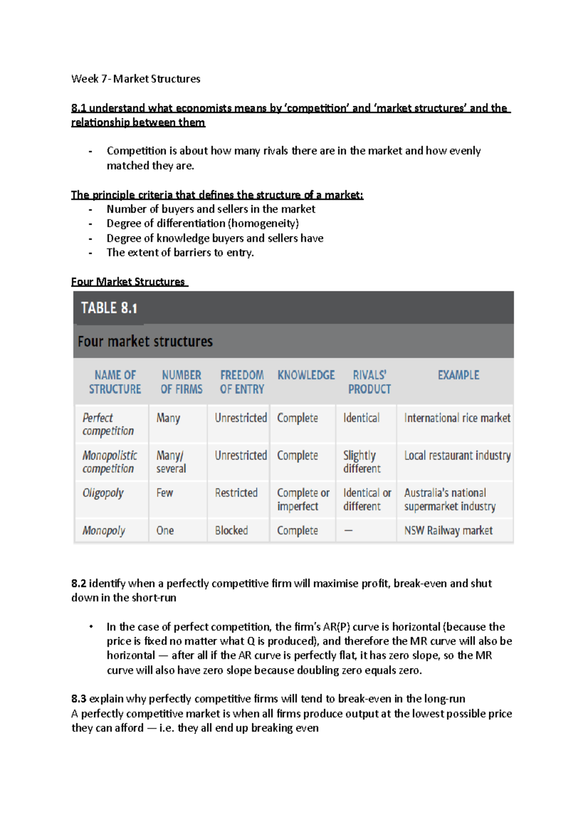 EIM WEEK 7 - Lecture notes - Week 7- Market Structures 8 understand ...