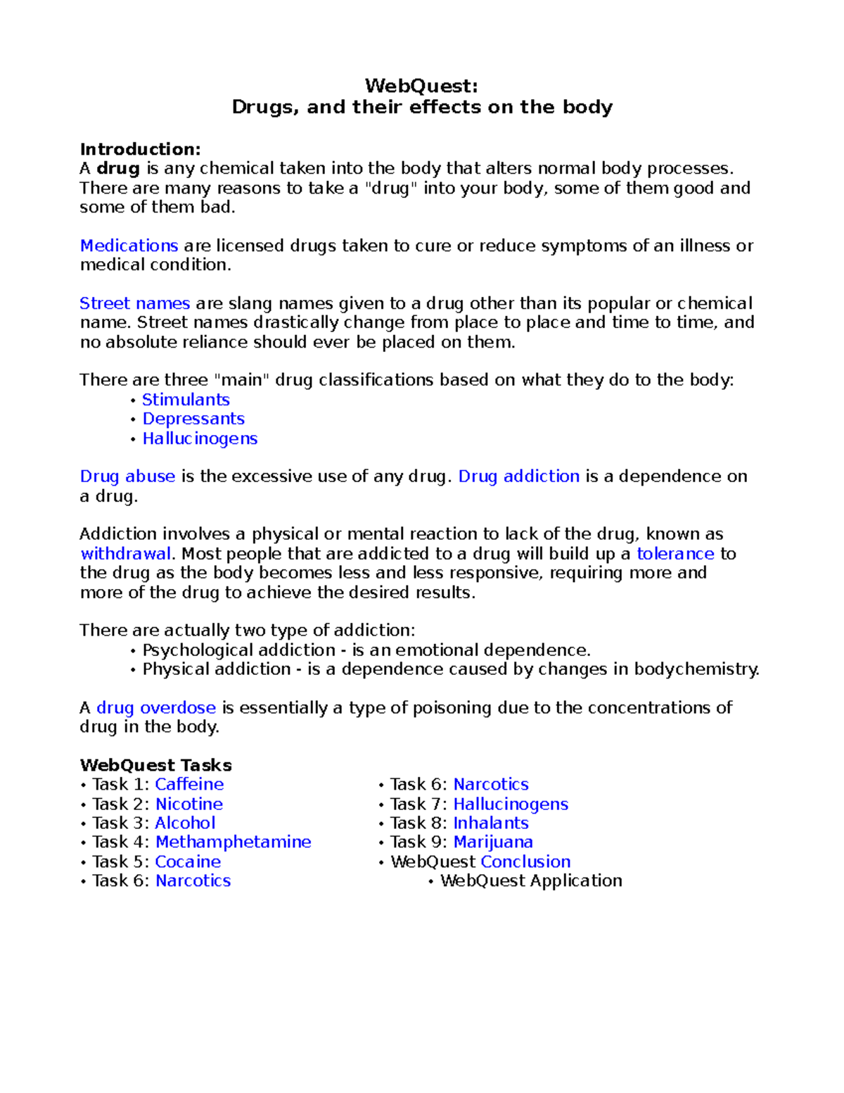 Webquest 1 SUB WebQuest Drugs And Their Effects On The Body 