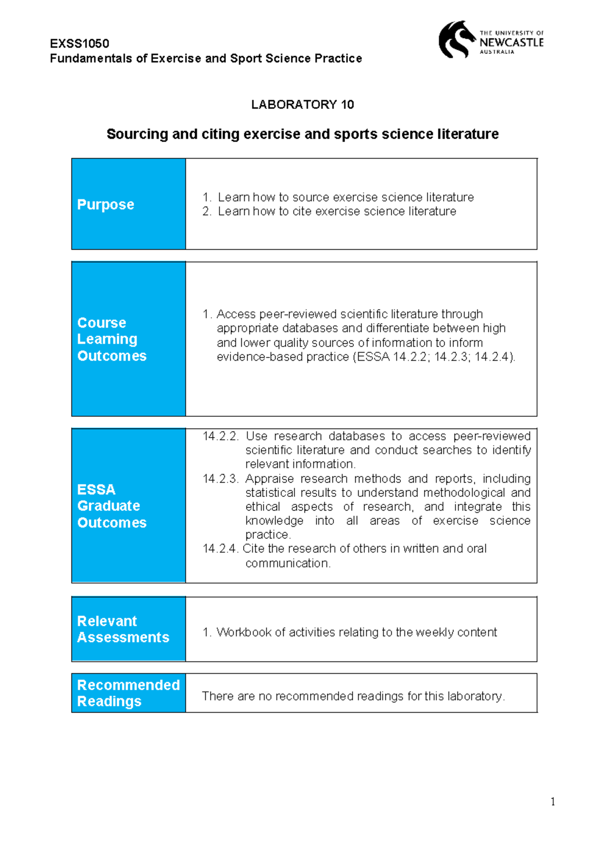 Laboratory 10 - Information Literacy - Fundamentals of Exercise and ...