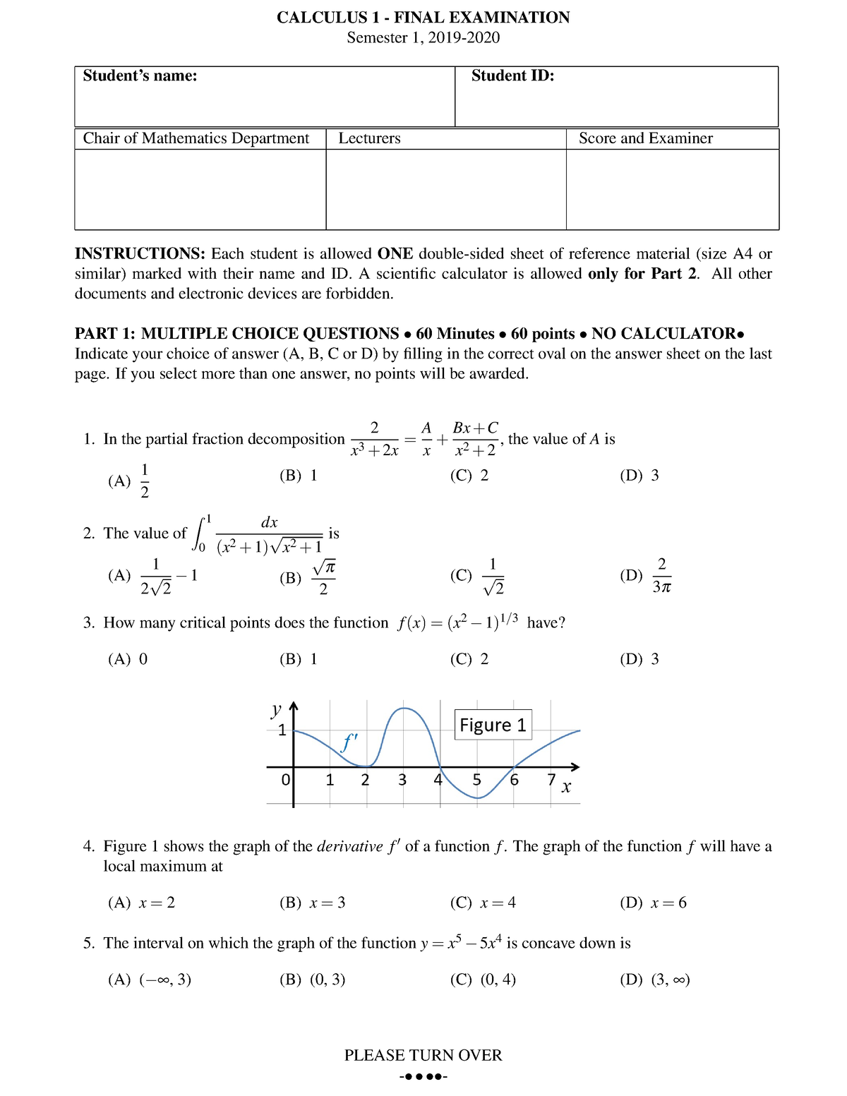 2019-2020-key - Calculus - CALCULUS 1 - FINAL EXAMINATION Semester 1 ...