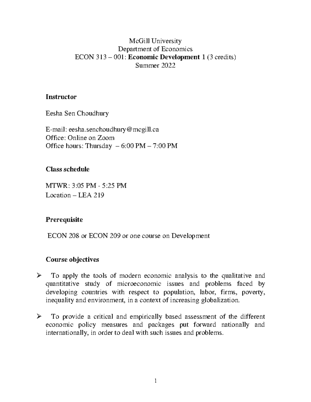 Course Outline Econ 313-001 Summer 2022 - McGill University Department ...